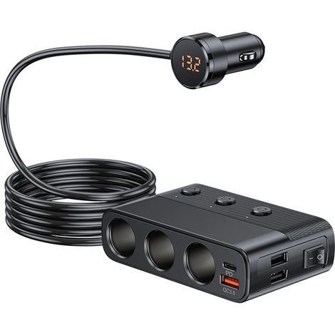 Chargeur de voiture 128 W PD+QC30, multiprise à charge rapide 12-24 V avec 4 ports USB, affichage de la tension et interrupteur marche/arrêt pour voiture et SUV (1/5)