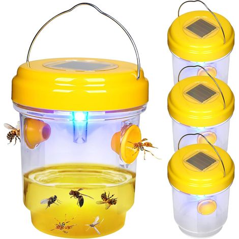 Asiatische Hornissenfalle für den Außenbereich mit LED-Licht – Wiederverwendbare Wespen- und Hornissenfalle mit zwei Eingängen für Garten, Balkon und Außenbereich, chemikalienfrei (4 Stück mit Beleuch