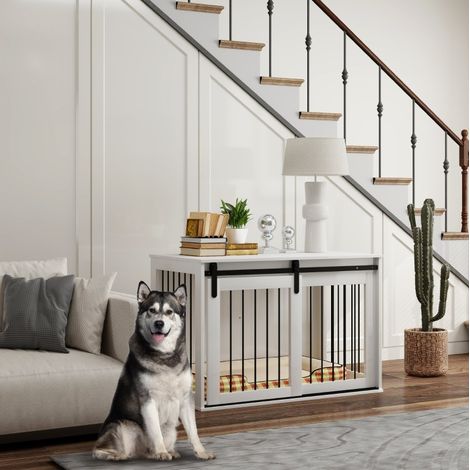 Jaula para perro con puerta corredera 98 x 58 x 61 cm, blanca, de madera y acero DESVIAE (1/5)