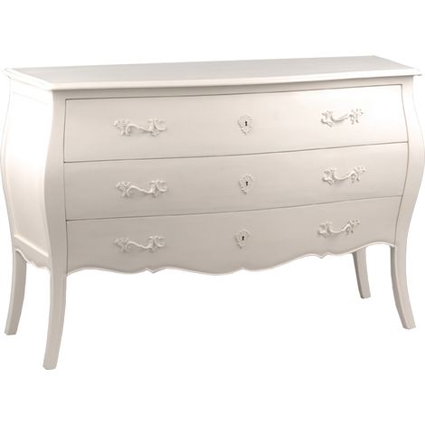 Commode longue 3 tiroirs en acajou blanc cassé 120 cm – Style romantique – Poignées arabesques – Rangement élégant pour chambre – Amadeus (1/4)