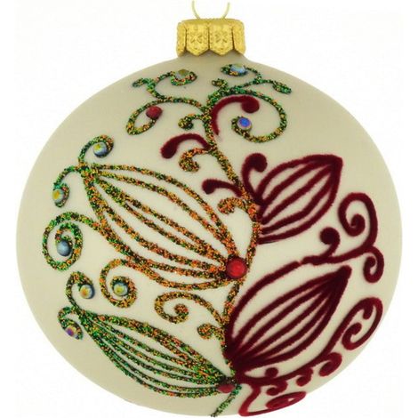 Pallina per albero di Natale in vetro bianca con motivi floreali rossi da 10 cm (1/4)