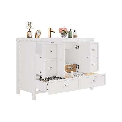 Meuble de salle de bain autoportant 120×50×86,5 cm, surface laquée, quatre tiroirs silencieux, double porte à fermeture douce, vasque en résine intégrée, blanc