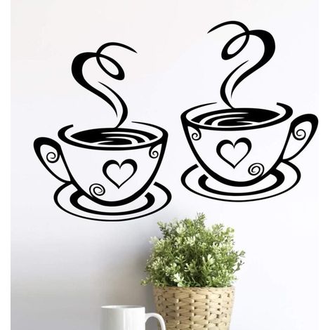 Lot de 2 tasses de stickers muraux pour cuisine en vinyle avec citation d'amour pour pub déco café thé décoration amovible mural autocollant mural noir tasse décoration de la maison magasin(A) (1/4)