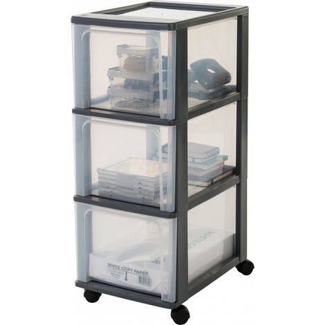 Iris Ohyama, estuche de almacenamiento de plástico reciclado A4, 3 cajones grandes, negro, OCH-2300