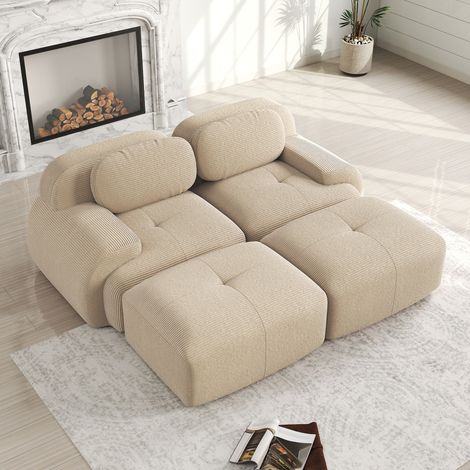 Canapé modulaire 2 places beige en velours côtelé avec accoudoirs ergonomiques (1/5)