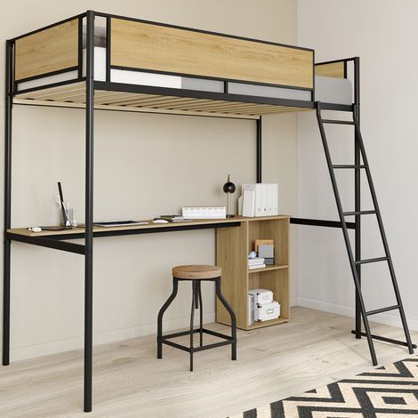 DETROIT cama alta individual con escritorio y almacenaje 90 x 190 cm, diseño industrial