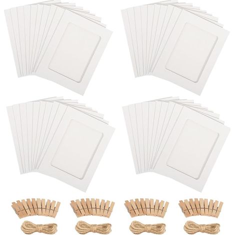 Guirlande Photo Cadre Photo Papier Cadre Photo 10x15 cm Pele Mele Photo Mural avec Pinces Bois Cordes Cadre Photo Carton Décoration Murale Blanc (1/3)