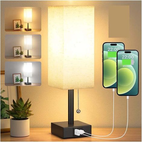 – Lampe de chevet à intensité variable 3 couleurs 3000K/4000K/5000K – Ports de charge USB-A et USB-C – Ampoule LED E27 – Interrupteur à chaînette (1/5)