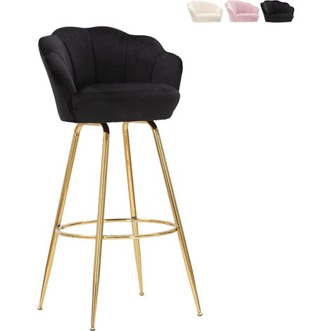 Taburete de bar cocina con respaldo floral patas doradas h90cm Vienna - Negro