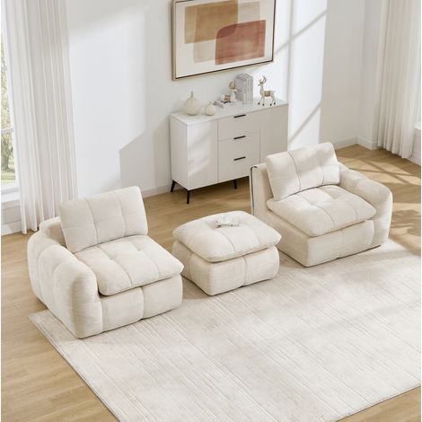REDOM sofá modular en L 194x160x68 cm, sin montaje, con otomana, tejido chenilla beige (1/5)