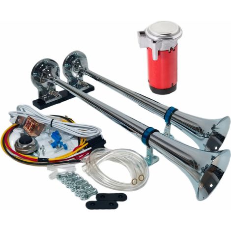 Klaxon électrique pour voiture Klaxon d'air de voiture Trompette de camion 175db Klaxon de voiture Car Horn zinc chromé argenté Double tube avec pompe à air rouge pour 12v voiture yacht etc (1/5)