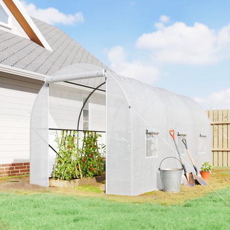Abri de culture tunnel 7m², serre de jardin avec porte et 6 fenêtres, couverture PE 140 g/m² 350x200x200 cm blanc (1/5)
