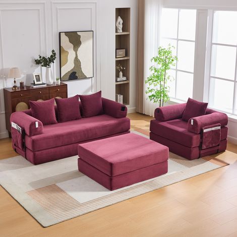 Canapé modulaire pour 4 personnes, avec coussinets comprimés. Il est équipé d’un cadre métallique stable, de poches latérales et de 4 coussins confortables. (1/5)