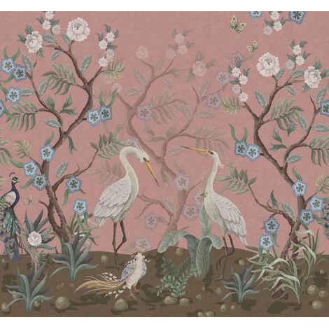 papier peint panoramique oiseaux de grue vieux rose - ESTAhome (1/5)