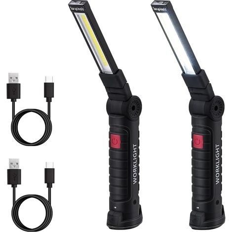 Faro da lavoro a LED COB ultra luminoso ricaricabile con base magnetica, 5 modalità, ideale per garage, campeggio, emergenze, ecc. - 2 pezzi - Porta di tipo C (1/5)