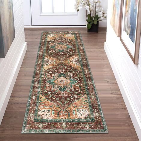 Tapis de couloir lavable, 60×180cm, style bohème rétro antidérapant, envers en caoutchouc, finition vieillie résistante aux taches, convient aux chambres, cuisines, buanderies et entrées. (1/4)