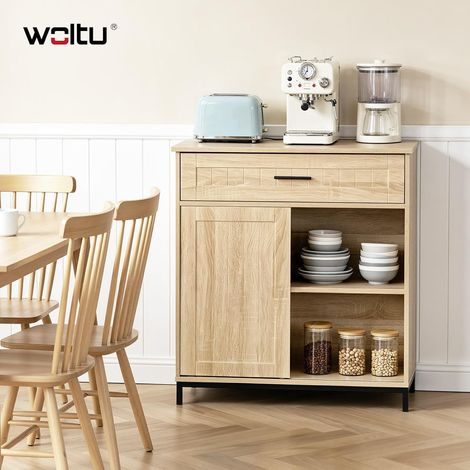 WOLTU Credenza Cucina con 1 Porta Scorrevole e 1 Cassetto, Ripiano Regolabile Rovere Chiaro+Nero (1/5)