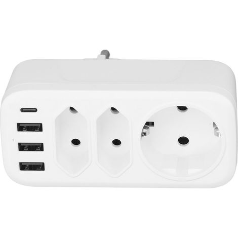 7-in-1 Mehrfachsteckdosenadapter, dreifache 3-Wege-Steckdose, 3 USB-Anschlüsse und 1 USB-C-Anschluss, EU/DE-Konverter, 100-250V europäischer Stecker, kompaktes Netzteil. (1/5)