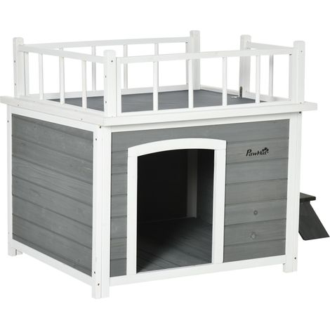 Niche pour chien, terrasse sur le toit, escalier, fenêtre, garde au sol, bois naturel, gris clair, 121 x 77 x 78 cm