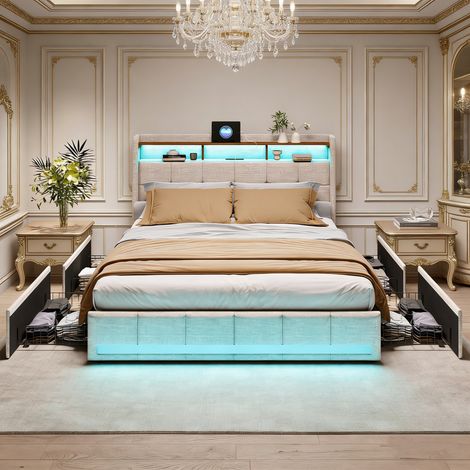 Lit double 140x200, Lit rembourré avec LED et USB, Lit capitonné avec espace de rangement, Tête de lit avec 4 tiroirs, Lin, Beige