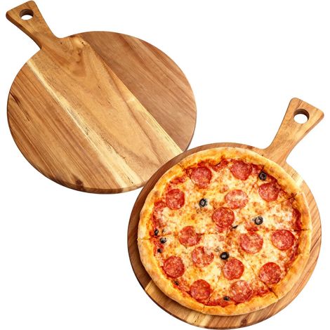 Lot de 2 planches de service en bois, assiettes à pizza, planche à découper ronde, plateau en bois multifonction, planche de service ronde pour la préparation de pizzas et de nourriture (1/5)