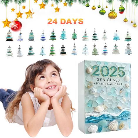 Calendario dell'Avvento in vetro di mare per l'albero di Natale 2025, conto alla rovescia (riquadro blu) (B) (1/4)
