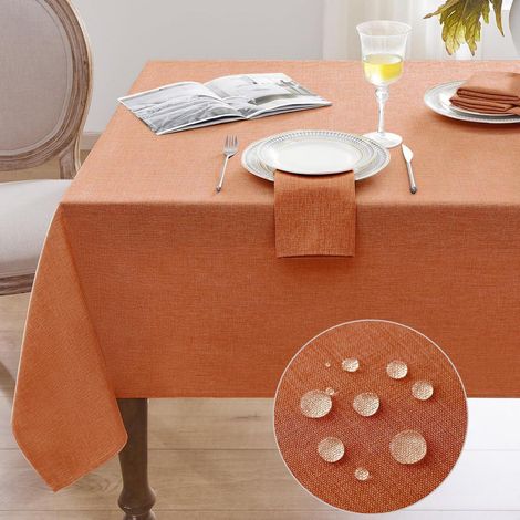 Nappe lavable 240x140 cm Orange aspect lin, hydrofuge, rectangulaire