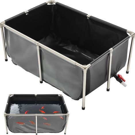 VEVOR Bassin a Poissons Hors Sol, Capacite 480 L, Etang a Poissons en Toile PVC, avec Panneau Transparent, Cadre en Acier Inoxydable, Vanne de Vidange, pour Elevage Poissons Rouges, Carpes, Koïs, Noir