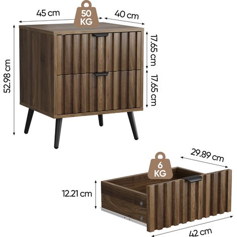 Table de chevet design moderne avec 2 tiroirs, intégrée, pour chambre, couloir, salon ou chambre d'enfant, couleur noyer, 45 x 40 x 53 cm, 1 unité (1/5)