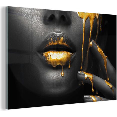 TABLEAU EN PLEXIGLAS Femme - Noir - Or - Visage - Lèvres Décoration Murale 120x80 (1/5)