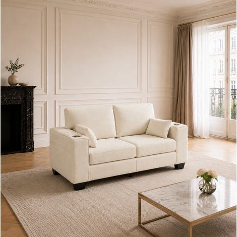 Canapé droit 2 places 182x76x62 cm en tissu chenille beige, avec rangement pour salon FloraGrace (1/5)