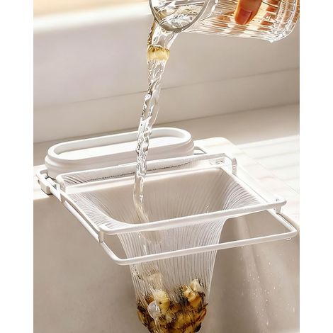 Passoire d'évier pliable blanche avec grille en fer - 100 sacs en maille et ventouses puissantes - Récupérateur d'aliments sur pied pour évier et plan de travail (1/5)