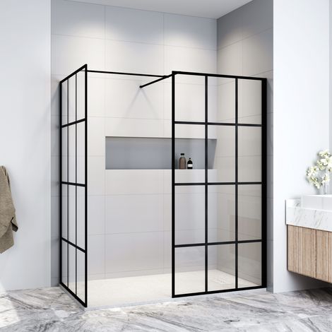 ELEGANT Black 900mm Walk in Shower Screen + 900mm Side Panel+ 1700x900mm Anti-Slip Resin Shower Tray Open Entry Shower Screen (1/5)