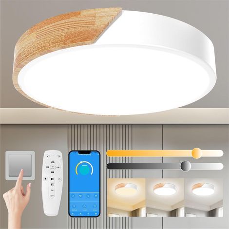 IkodmPlafonnier Bois,Plafond Dimmable 3000K-6000K,Plafonnier Led Télécommandé,24W Luminaire Moderne Pour Le Salon, La Chambre Et Le Couloir, 30CM,Blanc (1/5)