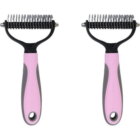 Outils de toilettage professionnel pour animaux : Peigne double face pour sous-poil (Universel pour chiens et chats  Brosse anti-mue) — Lot de 2 (Rose) (1/2)