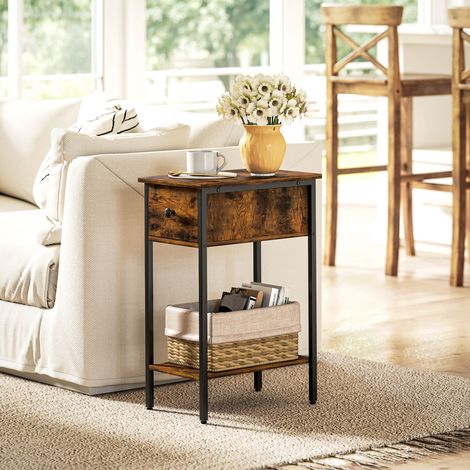 Beistelltisch mit offenem Fach und Schublade, Nachttisch, Metallbeine, Holz, Braun