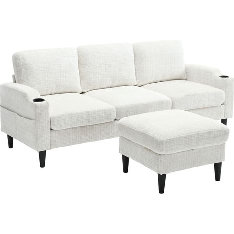Divano Angolare Reversibile 4 Posti in Chenille con Pouf Contenitore, 2 Portabicchieri e Tasche Laterali, Beige (1/5)