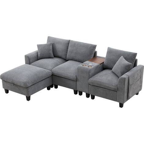 Canapé d'angle modulable 4 places en tissu côtelé, avec console centrale, porte-gobelets, USB, rangement et 2 coussins, gris - CHICFURN (1/5)