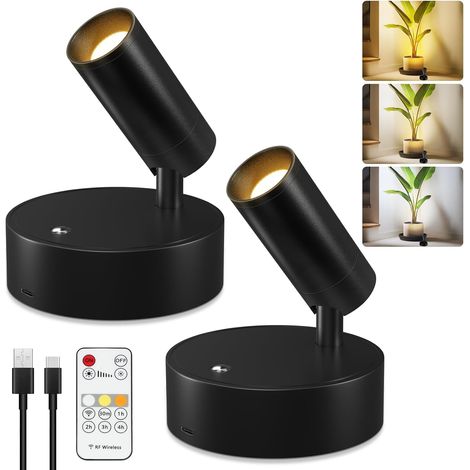 Spot LED Sans Fil Rechargeable, Noir Applique Murale Intérieure à batterie, USB Dimmable Spots Muraux avec Télécommande, Lampe Murale avec Minuterie pour Plantes, Salons, Chambre, 2 Pièce (1/5)