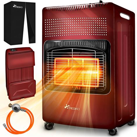 TRESKO Calentador de gas rojo de 4200 vatios con regulador de presión, manguera y tapa  Horno de gas, calentador de gas cerámico con 3 ajustes  Calentador de gas infrarrojo para bombonas de butano o p (1/5)