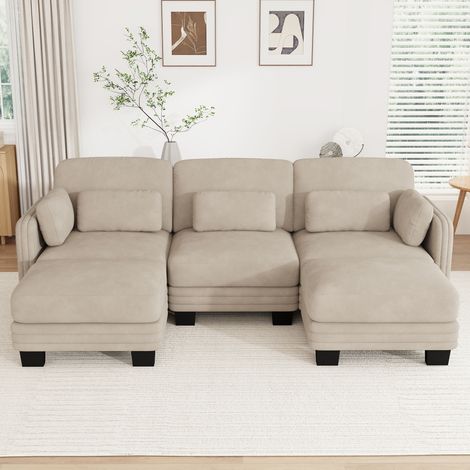 Canapé modulable en U 3 places 253x143x88cm avec 2 poufs modulables, assise souple et ferme, cadre en bois massif, chenille marron clair (1/5)