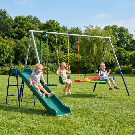 Altalena 5 in 1 con scivolo, altezza regolabile, con altalena a nido, 382 x 196 x 203 cm, multicolore