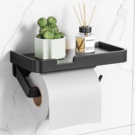 Étagère murale de salle de bain, porte-papier toilette sans perçage, avec support pour téléphone, noire. (1/5)