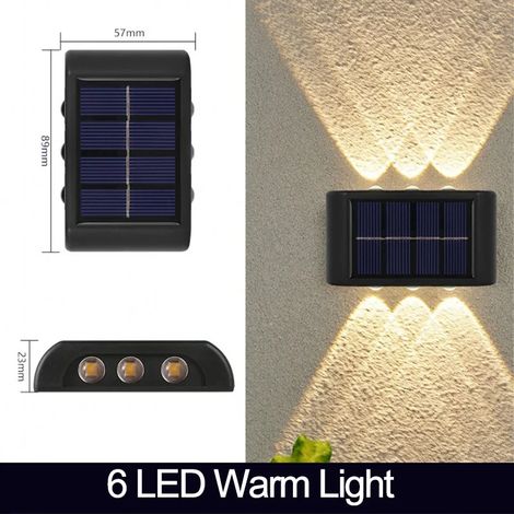 (6 LED à lumière chaude) Applique murale solaire LED étanche pour extérieur, éclairage vers le haut et vers le bas, lampe solaire décorative pour jardin, clôture ou cour, lumière du soleil (1/5)