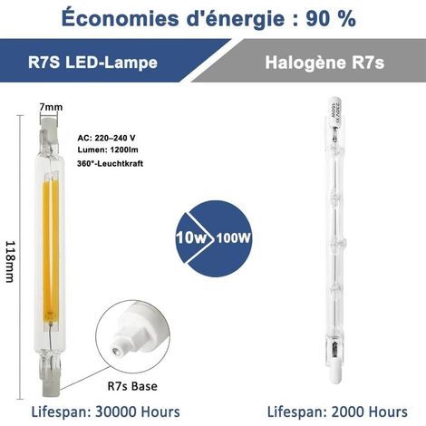 R7S 118mm LED 10W Dimmable, Blanc Chaud 3000K , R7S J118 COB LED Linéaire Remplacer Crayon Halogène 40W 50W, pour Applique Murale, lot de 2[Classe énergétique A+] (1/3)