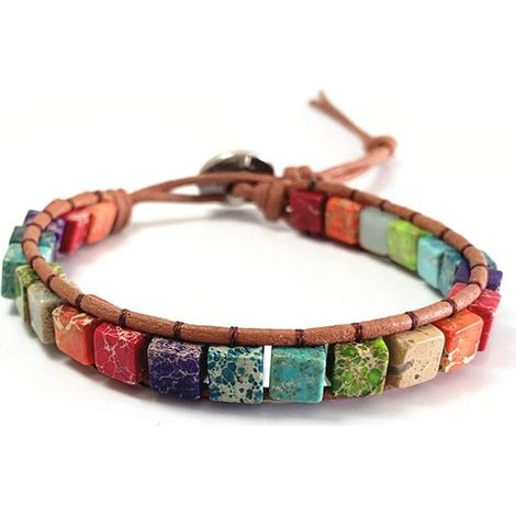 Bracelet 7 Chakras Bohème Fait Main en Cuir Enroulé Protection Pierre Naturelle Bracelet de Yoga Perles Bijou d'Amitié Boho (1/5)