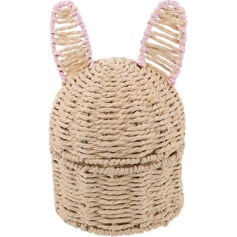 Panier de Pâques oreilles de lapin : paniers à œufs en bonbons faits main en corde de papier avec couvercle pour enfants, adorable panier de pique-nique lapin pour ranger les cadeaux de fête, accessoi (1/4)