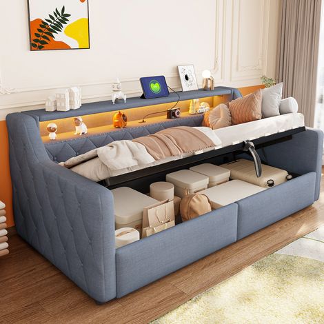 Lit coffre 90x200 cm, rangement hydraulique, LED, ports USB et Type-C, en lin, gris, sans matelas (1/5)