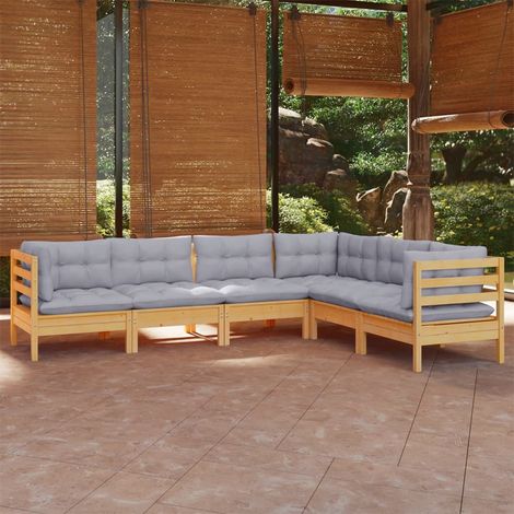 6-tlg. Garten-Lounge-Set mit Grauen Kissen Kiefer Massivholz