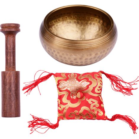 Tibetisches Klangschalen-Set mit handgefertigter 9,5 cm Metall-Klangschale, weichem Kissen und Holzklöppel für Meditation, Klangheilung, Chakra-Heilung, Yoga und Entspannung (1/4)